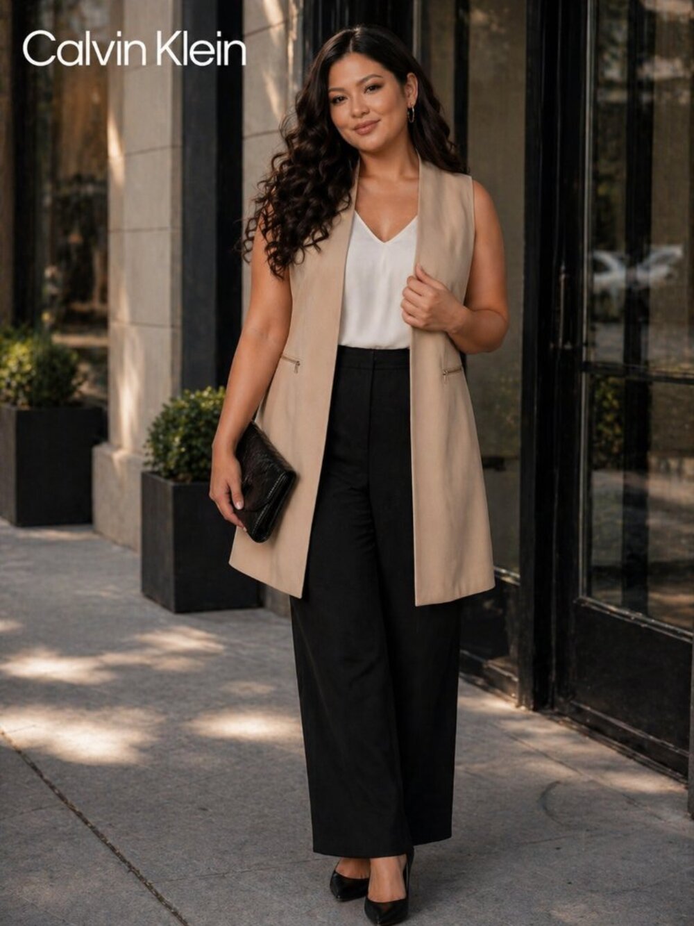 Calvin Klein Beige Longline Vest Sleeveless Coat Zip Pocket Size 10